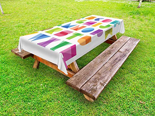 ABAKUHAUS Alfabeto Tovaglia da Esterno, Educational Lettere Art, Tovaglia da Picnic Lavabile Decorativa, 145 cm x 210 cm, Bianco Multicolor