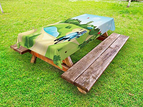 ABAKUHAUS Golf Scene da Golf Tovaglia da Esterno, Bandiere Hills Car, Tovaglia da Picnic Lavabile Decorativa, 145 cm x 265 cm, Mela Verde Multicolor