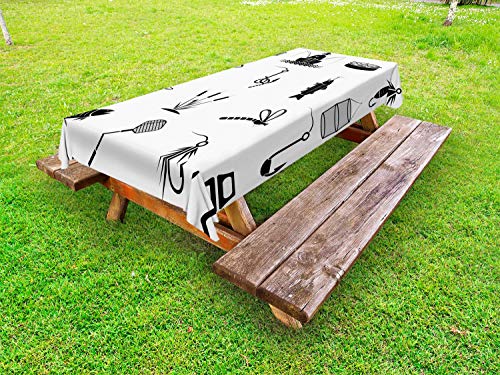 ABAKUHAUS Pesca Tema Tovaglia da Esterno, Ami ed Canne, Tovaglia da Picnic Lavabile Decorativa, 145 cm x 210 cm, Bianco e Charcoal Grey