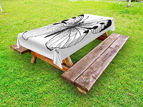 ABAKUHAUS La Farfalla Tovaglia da Esterno, Bug della Stagione Primaverile, Tovaglia da Picnic Lavabile Decorativa, 145 cm x 210 cm, Bianco e Nero