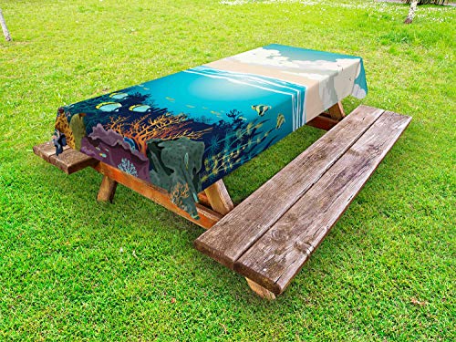 ABAKUHAUS Mare Profondo Tovaglia da Esterno, Morbido Cumulus Sottomarino Pesce, Tovaglia da Picnic Lavabile Decorativa, 145 cm x 210 cm, Mare Blu e Multicolore