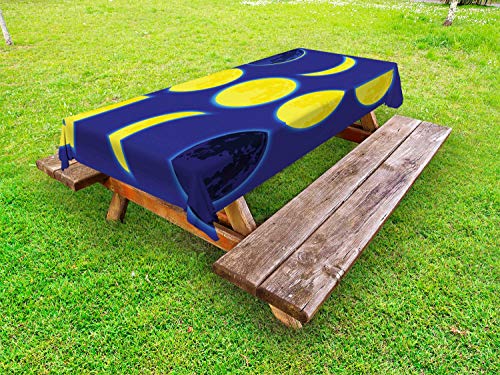 ABAKUHAUS Luna Tovaglia da Esterno, Fasi lunari Schema di Notte, Tovaglia da Picnic Lavabile Decorativa, 145 cm x 305 cm, Indigo Giallo