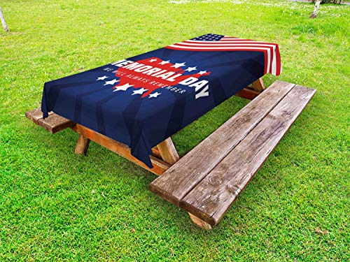 ABAKUHAUS Giorno della Memoria Tovaglia da Esterno, American Flag Raggi di Sole, Tovaglia da Picnic Lavabile Decorativa, 145 cm x 265 cm, Night Blue Vermilion