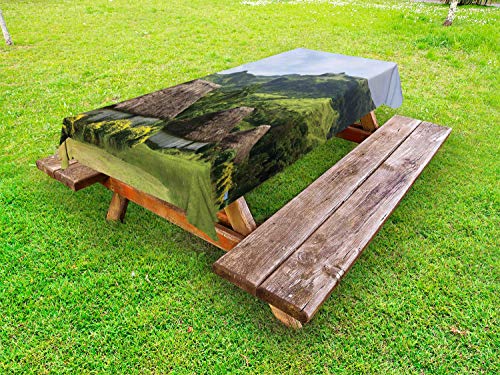ABAKUHAUS Fiji Tovaglia da Esterno, Groenlandia Scene Navala Village, Tovaglia da Picnic Lavabile Decorativa, 145 cm x 305 cm, Olive Green Multicolor