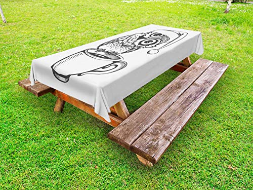 ABAKUHAUS Owl Stampa Tovaglia da Esterno, Baby Bird sulla Tazza di caffè, Tovaglia da Picnic Lavabile Decorativa, 145 cm x 265 cm, Charcoal Grey And White