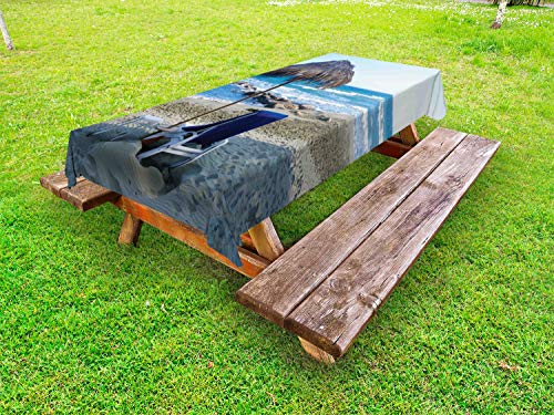 ABAKUHAUS Cipro Tovaglia da Esterno, Vimini Ombrello e Lettino, Tovaglia da Picnic Lavabile Decorativa, 145 cm x 265 cm, Multicolore