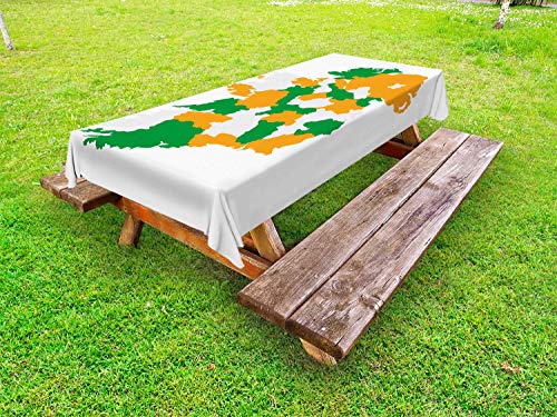 ABAKUHAUS Irlanda Mappa Tovaglia da Esterno, Layout a Tema Irlandese, Tovaglia da Picnic Lavabile Decorativa, 145 cm x 265 cm, Arancio Verde Bianco