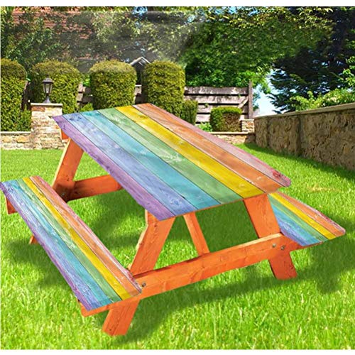 LEWIS FRANKLIN Tenda da doccia Pastello Picnic Tavolo e Panchina, Tovaglia in legno con bordi elasticizzati rustici, 60 x 180 cm, set da 3 pezzi per tavolo pieghevole