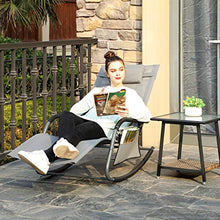 SONGMICS Sedia da Giardino, Lettino Prendisole, Sdraio a Dondolo con Poggiatesta e Taschina Laterale, Struttura in Ferro, Teslin Traspirante, Confortevole, Max Portata 150 kg, Grigio GCB23GY