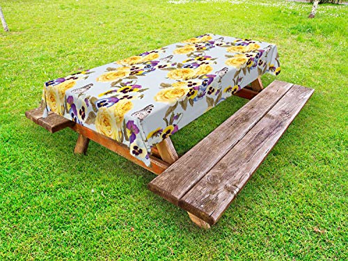 ABAKUHAUS Viola del Pensiero Tovaglia da Esterno, Roses Dettagliate Farfalle, Tovaglia da Picnic Lavabile Decorativa, 145 cm x 265 cm, Baby Blue Multicolor