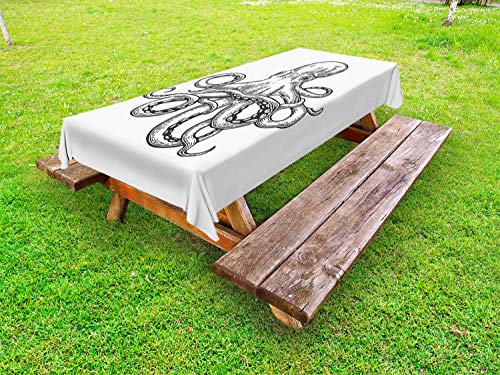ABAKUHAUS Polpo Tovaglia da Esterno, Sea Mano Animal Immagine Disegnata, Tovaglia da Picnic Lavabile Decorativa, 145 cm x 210 cm, Bianco Charcoal Grey