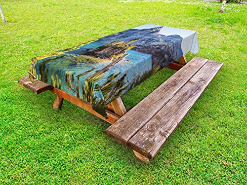 ABAKUHAUS Montagne Tovaglia da Esterno, Sierra Nevada Spring Lake, Tovaglia da Picnic Lavabile Decorativa, 145 cm x 265 cm, Giallo Verde Blu Grigio