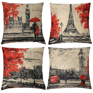 Gspirit 4 Pack Torre Eiffel & Big Ben Cotone Biancheria Cuscino Decorativo Caso Federa per Cuscino 45x45 cm, Colore Nero e Rosso