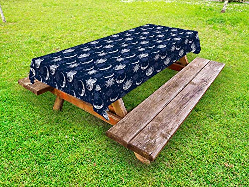 ABAKUHAUS Mezza Luna Tovaglia da Esterno, Mistico Sole Stelle, Tovaglia da Picnic Lavabile Decorativa, 145 cm x 305 cm, Viola Blu Blu Ceil