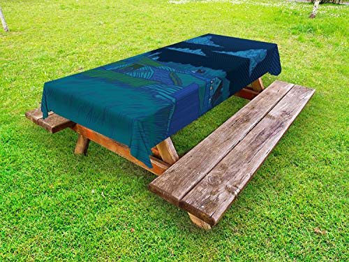 ABAKUHAUS scenico Tovaglia da Esterno, Notte Campagna Art, Tovaglia da Picnic Lavabile Decorativa, 145 cm x 210 cm, Blu Teal