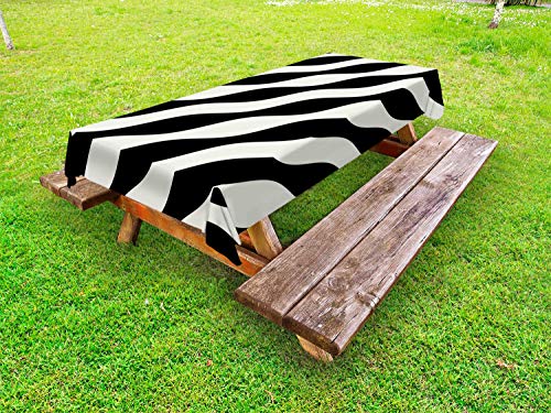 ABAKUHAUS Banda Tovaglia da Esterno, Retro Arte Righe Ondulate Modello, Tovaglia da Picnic Lavabile Decorativa, 145 cm x 305 cm, Charcoal Grigio e Avorio