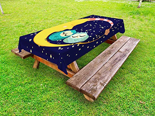 ABAKUHAUS Luna Tovaglia da Esterno, Dormire Gufo Coppia Crescent, Tovaglia da Picnic Lavabile Decorativa, 145 cm x 305 cm, Indaco e Multicolore