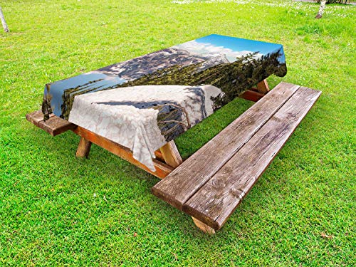 ABAKUHAUS Natura Scena Tovaglia da Esterno, Blu Crater Lake View, Tovaglia da Picnic Lavabile Decorativa, 145 cm x 265 cm, Multicolore