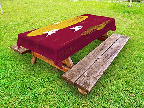 ABAKUHAUS Coniglietto Tovaglia da Esterno, Felice Festa di metà Autunno, Tovaglia da Picnic Lavabile Decorativa, 145 cm x 305 cm, Maroon Terra Gialla