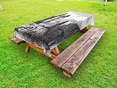 ABAKUHAUS Città Tovaglia da Esterno, Edificio Storico, Tovaglia da Picnic Lavabile Decorativa, 145 cm x 210 cm, Charcoal Grey Bianco