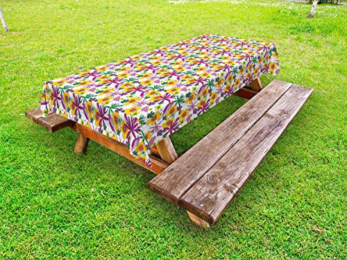 ABAKUHAUS Floreale Tovaglia da Esterno, A Punta Fiori Uccello Lascia, Tovaglia da Picnic Lavabile Decorativa, 145 cm x 305 cm, Scuro Magenta Multicolor