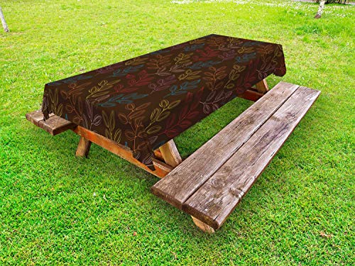 ABAKUHAUS Organico Tovaglia da Esterno, Filiali Colorate con i germogli, Tovaglia da Picnic Lavabile Decorativa, 145 cm x 305 cm, Scuro Cacao Multicolor
