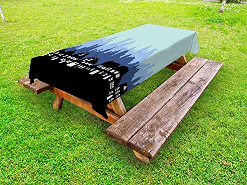 ABAKUHAUS Silhouette Tovaglia da Esterno, Ombra City Skyline Casa, Tovaglia da Picnic Lavabile Decorativa, 145 cm x 305 cm, Nero Seafoam e Blu Grigio
