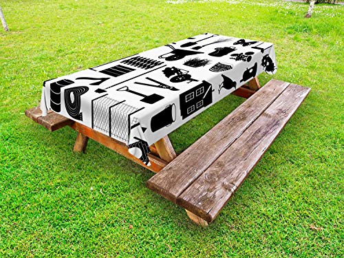 ABAKUHAUS Birdhouse Tovaglia da Esterno, Elementi in Bianco e Nero da Giardino, Tovaglia da Picnic Lavabile Decorativa, 145 cm x 305 cm, Charcoal Grey Bianco