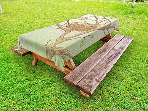 ABAKUHAUS Birdhouse Tovaglia da Esterno, Albero Animali Primavera Woods, Tovaglia da Picnic Lavabile Decorativa, 145 cm x 305 cm, Ecru Dusk