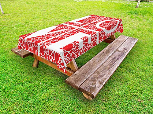 ABAKUHAUS Amore Tovaglia da Esterno, Lettere Cuori Motivo Grafico, Tovaglia da Picnic Lavabile Decorativa, 145 cm x 305 cm, Bianco e Vermilion