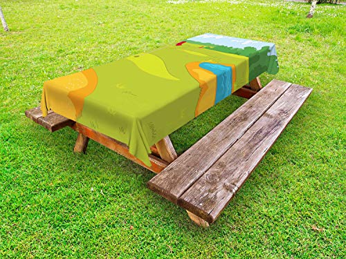 ABAKUHAUS Golf Scene da Golf Tovaglia da Esterno, Bandiere Erba Terra, Tovaglia da Picnic Lavabile Decorativa, 145 cm x 305 cm, Giallo Verde Multicolore