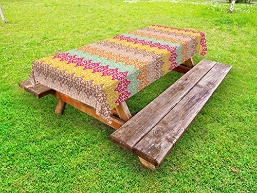 ABAKUHAUS Etnico Tovaglia da Esterno, Motivi Colorati, Tovaglia da Picnic Lavabile Decorativa, 145 cm x 210 cm, Beige e Multicolore