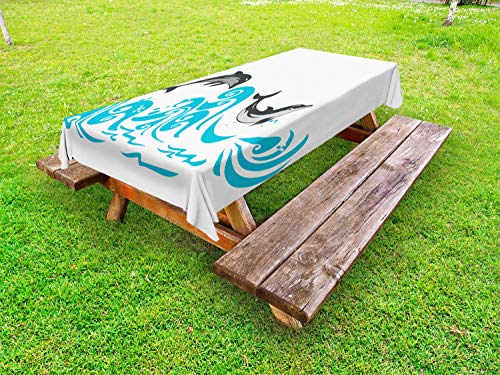 ABAKUHAUS Delfino Tovaglia da Esterno, Big Fish Mammifero Waves Art, Tovaglia da Picnic Lavabile Decorativa, 145 cm x 265 cm, Bianco Cielo Blu e Grigio