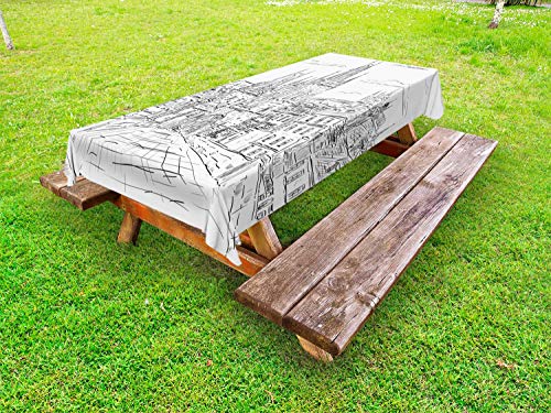 ABAKUHAUS Città Tovaglia da Esterno, Architettura Gotica di Praga, Tovaglia da Picnic Lavabile Decorativa, 145 cm x 265 cm, Charcoal Grey Bianco