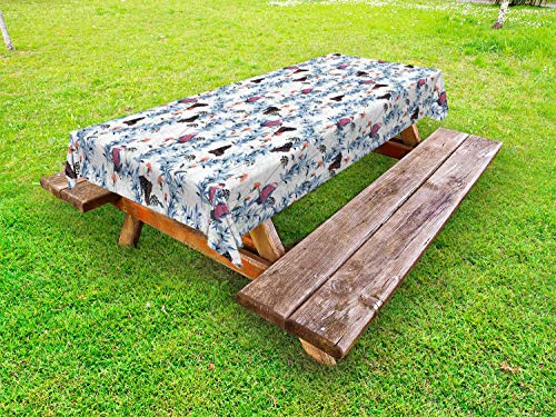 ABAKUHAUS Botanica Tovaglia da Esterno, Inverno Clima Uccelli Graphic, Tovaglia da Picnic Lavabile Decorativa, 145 cm x 305 cm, Bianco e Multicolore
