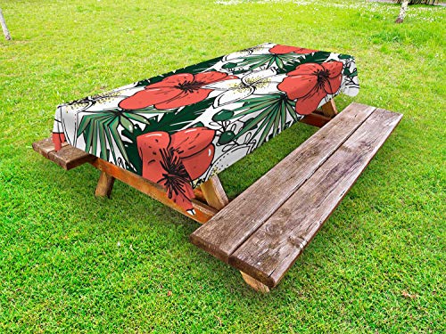ABAKUHAUS Aloha Tovaglia da Esterno, Grafica Endemica Fiori, Tovaglia da Picnic Lavabile Decorativa, 145 cm x 265 cm, Verde e Terra di Siena bruciata