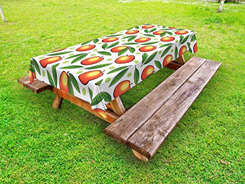 ABAKUHAUS Frutta Tovaglia da Esterno, Pesche con Foglie e Punti, Tovaglia da Picnic Lavabile Decorativa, 145 cm x 305 cm, Bianco Vermilion e Fern Green