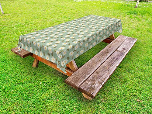 ABAKUHAUS Vintage Floral Tovaglia da Esterno, Margherite, Tovaglia da Picnic Lavabile Decorativa, 145 cm x 265 cm, Pistacchio Verde Avorio