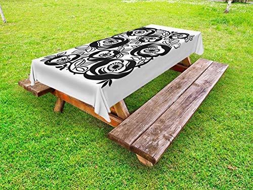 ABAKUHAUS Arte Popolare Tovaglia da Esterno, Flourish Motif, Tovaglia da Picnic Lavabile Decorativa, 145 cm x 265 cm, Charcoal Grey Bianco
