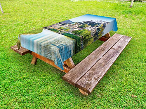ABAKUHAUS Salisburgo Tovaglia da Esterno, Austrian Skyline Storico, Tovaglia da Picnic Lavabile Decorativa, 145 cm x 265 cm, Azzurro Blu e Verde Lime