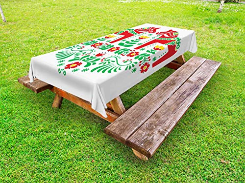 ABAKUHAUS Polish Folk Tovaglia da Esterno, Flora Dala Cavallo, Tovaglia da Picnic Lavabile Decorativa, 145 cm x 305 cm, Vermilion Terra Gialla