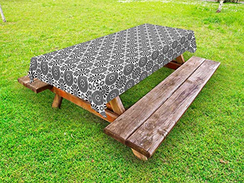ABAKUHAUS Astratto Tovaglia da Esterno, Rounds circolari Geometrica, Tovaglia da Picnic Lavabile Decorativa, 145 cm x 305 cm, Charcoal Grey And White