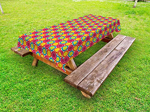 ABAKUHAUS Astratto Tovaglia da Esterno, Geometric Retro esagoni, Tovaglia da Picnic Lavabile Decorativa, 145 cm x 265 cm, Multicolore
