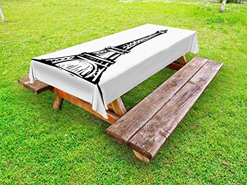 ABAKUHAUS Torre Eiffel Tovaglia da Esterno, Landmark Monochrome, Tovaglia da Picnic Lavabile Decorativa, 145 cm x 305 cm, Charcoal Grey Bianco