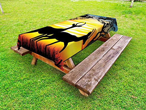 ABAKUHAUS Antilope Tovaglia da Esterno, Animals on Sunset, Tovaglia da Picnic Lavabile Decorativa, 145 cm x 210 cm, Charcoal Grigio Multicolore