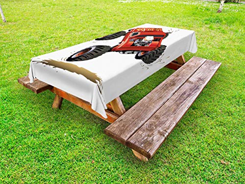 ABAKUHAUS Macchina da Corsa Tovaglia da Esterno, Cartoon Style Camion in Fango, Tovaglia da Picnic Lavabile Decorativa, 145 cm x 305 cm, Paprika e Grigio Scuro