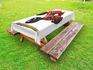 ABAKUHAUS Macchina da Corsa Tovaglia da Esterno, Cartoon Style Camion in Fango, Tovaglia da Picnic Lavabile Decorativa, 145 cm x 305 cm, Paprika e Grigio Scuro