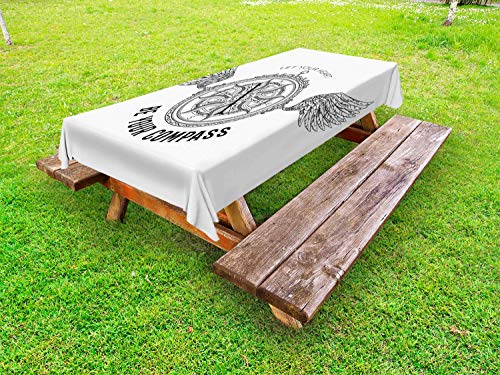 ABAKUHAUS Vintage Tattoo Nautical Tovaglia da Esterno, Bussola Antique, Tovaglia da Picnic Lavabile Decorativa, 145 cm x 305 cm, Charcoal Grey And White