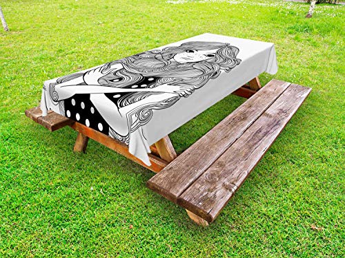 ABAKUHAUS Donna Tovaglia da Esterno, Ritratto di Un Lungo Capelli della Signora, Tovaglia da Picnic Lavabile Decorativa, 145 cm x 210 cm, Charcoal Grey And White