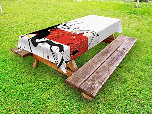 ABAKUHAUS Halloween Tovaglia da Esterno, Bat Spider Riccioli, Tovaglia da Picnic Lavabile Decorativa, 145 cm x 305 cm, Carbonella Grey Vermilion